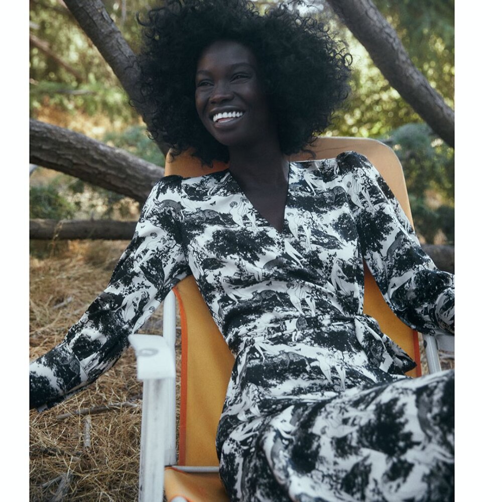 Reformation Merrick Silk Maxi Wrap Dress in Black & White Elysian Print